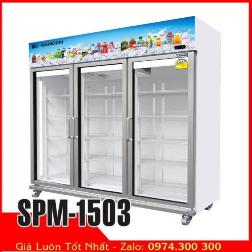 Tủ mát 3 cửa Sanden Intercool SPM-1503 trưng bày hoa trái cây nước ngọt bia lạnh